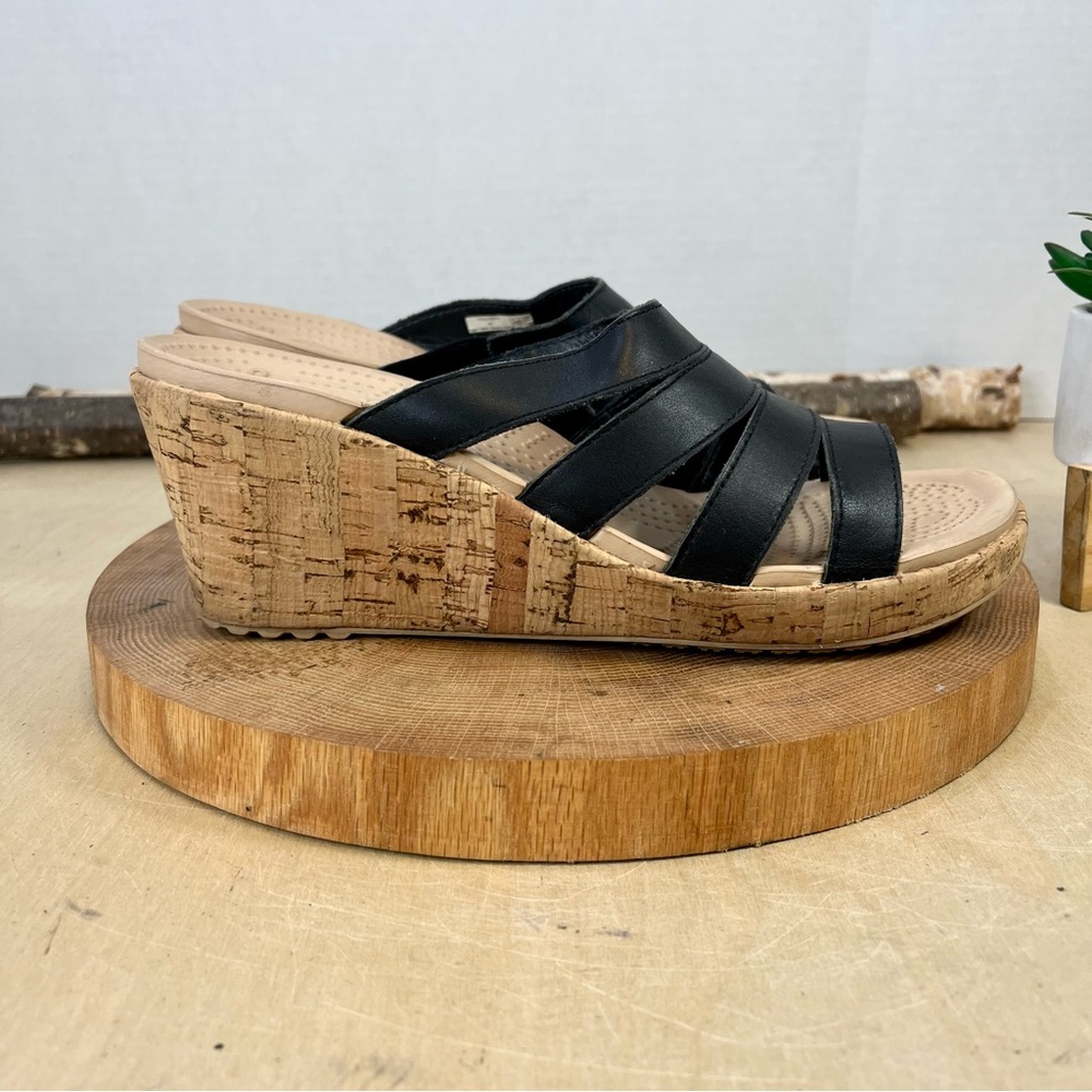 Crocs A-Leigh Strappy Cork Wedge Sandals Black Snake Leather Size 9 - Picture 5 of 14